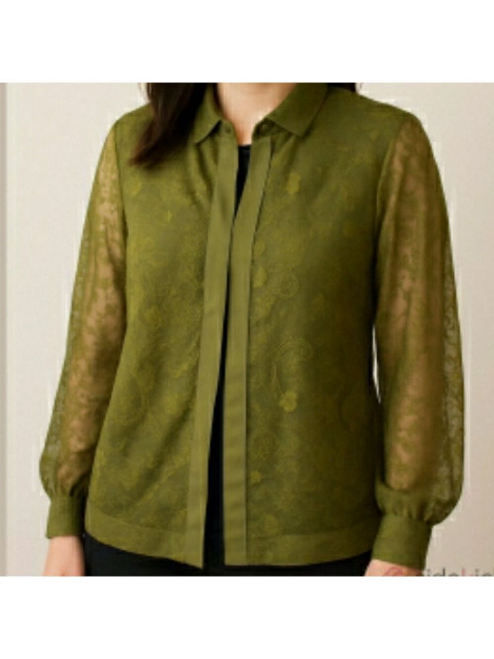 Kate And Mallory Olive Green Lace Blouse Long-Sleeve Zippered Pleated 1X